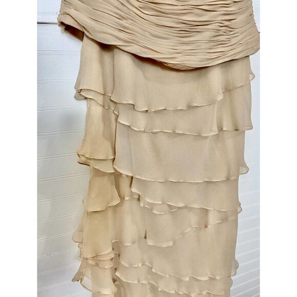 Jovani Vintage Nude Strapless Gown Ruched Bodice and Ruffle - Picture 3 of 15